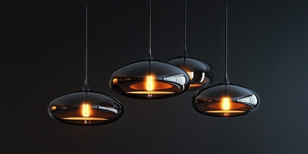 A cluster of elegant, smoke-tinted glass pendants casts a warm, inviting glow against a dark backdrop, creating a sophisticated and atmospheric ambiance