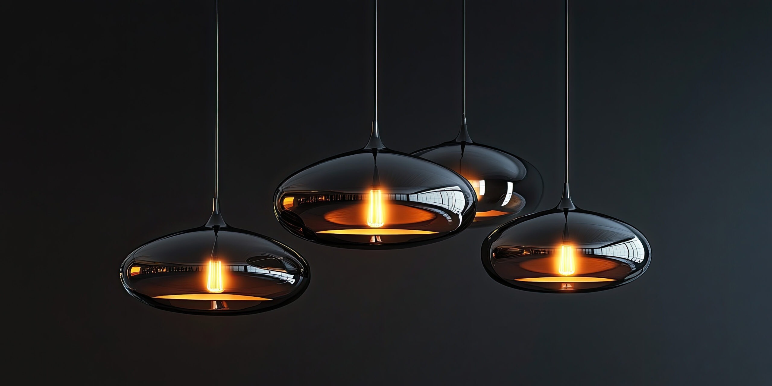 A cluster of elegant, smoke-tinted glass pendants casts a warm, inviting glow against a dark backdrop, creating a sophisticated and atmospheric ambiance